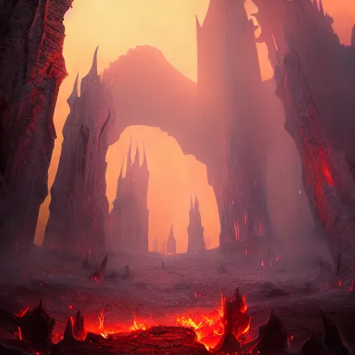 Image similar to The gates of hell, fire, volumetric fog, demons, fantasy, medieval, vivid colors, elegant, concept art, sharp focus, digital art, Hyper-realistic, 4K, Unreal Engine, Highly Detailed, HD, Dramatic Lighting by Brom, trending on Artstation