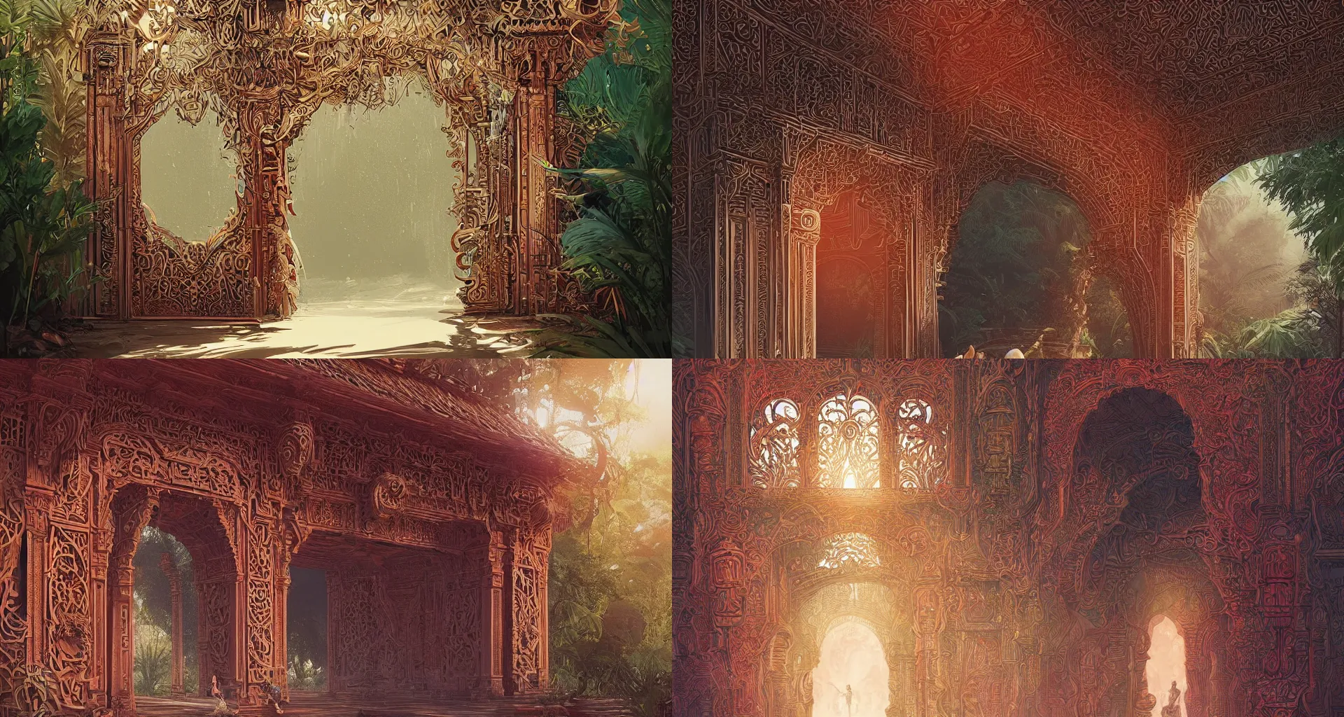 Prompt: a beautiful detailed architecture art of ancient ornamental gate in the middle of tropical jungle by alena aenami, by atey ghailan, by greg rutkowski, by greg tocchini, by james gilleard, by joe gb fenton, by kaethe butcher, dynamic lighting, gradient light red, brown, blonde cream and white color in scheme, grunge aesthetic, artstation