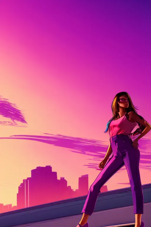 Image similar to a stunning GTA V loading screen with a beautiful woman with ombre purple pink hairstyle, hair blowing in the wind, sunset mood, outrun, vaporware, retro, digital art, trending on artstation