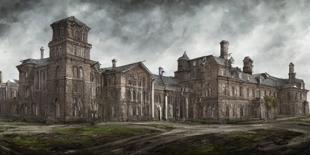 Prompt: Lunatic Asylum, exterior, majestic, detailed, epic scenery, dark fantasy, concept art