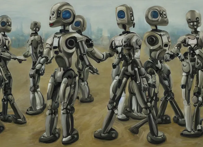 Image similar to very detailed painting humanoid robot army propaganda dictator convincing other robots of overthrowing humans