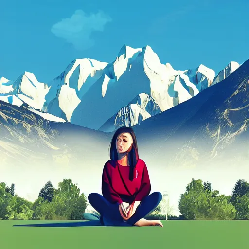 Image similar to digital drawing of a female software developer sitting outside in front of a modern campus building with beautiful mountains in the background, digital art, summer, alps, 4k, unreal, digital health, cartoon, unreal engine