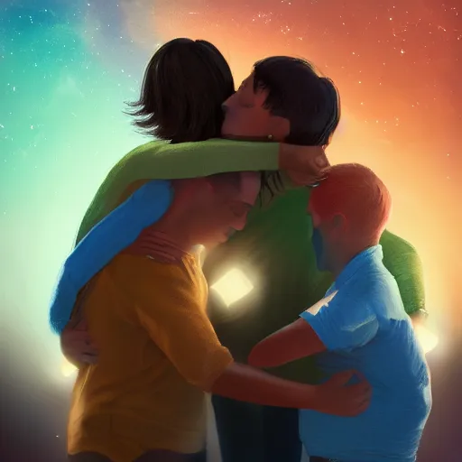 Prompt: A family hugging each other for the last time as the world is ending, meteors are falling from the sky, everything is on fire, dramatic lighting, digital art, very very very very very very beautiful, 8K, dark lighting, trending on Artstation, award winning