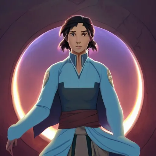 Image similar to Portrait of Avatar Korra wearing Jedi robes and meditating, Legend of Korra, Avatar the Last Airbender, intricate, elegant, highly detailed, digital painting, artstation, concept art, smooth, sharp focus, illustration, art by artgerm and greg rutkowski and alphonse mucha and andrei riabovitchev