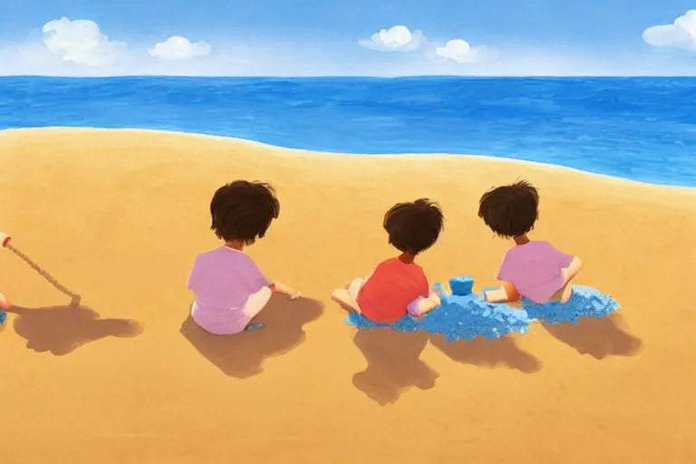 Prompt: Two happy children sitting on the beach making sandcastles, blue sky, HD, illustration by Benji Davies