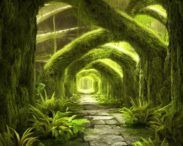 Image similar to Temple hallway, densley overgrown with moss, plants, flowers, ferns, some fireflies flying in the air, atmospheric, amazing and immaculate scale, trending on Artstation, digital art