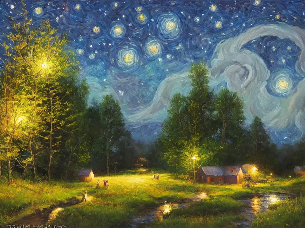 Prompt: A starry night in the swedish countryside, painting by Vladimir Volegov