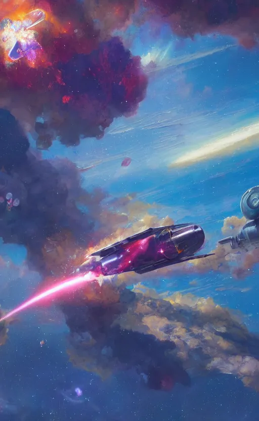 Prompt: colorful painting of a retro - futuristic rocket flying through a nebulae, strong sunlight, lot of light radiosity, gaston bussiere, craig mullins, krenz cushart, simon stalenhag, john harris, 4 k detailed image