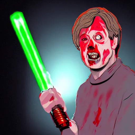 Image similar to Mark Hamil as a zombie holding a red light sabre, digital art