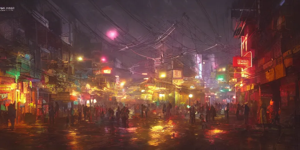 Prompt: the city of kathmandu in a dystopian future, rainfall, night, neon lights, concept art, highly detailed, - n 7