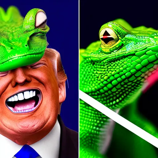 Prompt: president trump is a smiling laughing bright green lizard person, airbrush painting, epic scale, lens flare, glittering popsicle, hyper detailed, 8 k.