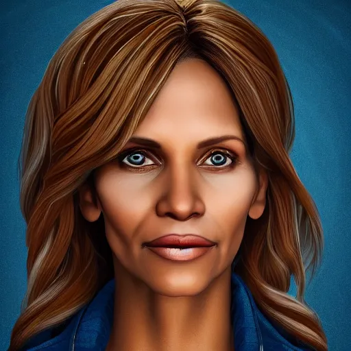 Prompt: portrait of maci holloway, first woman elected as president in usa, cold but beautiful, about 3 5 years old, highly detailed, mix of halle berry and julia roberts, artstation hd, deviantart, by artgem