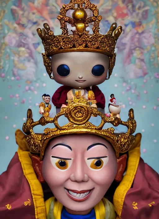 Prompt: closeup face profile portrait of tin toy dalai lama as a fairytale prince wearing a crown eating cakes, depth of field, zeiss lens, detailed, symmetrical, centered, fashion photoshoot, by nicoletta ceccoli, mark ryden, lostfish, breathtaking, 8 k resolution, extremely detailed, beautiful, establishing shot, artistic, hyperrealistic, octane render