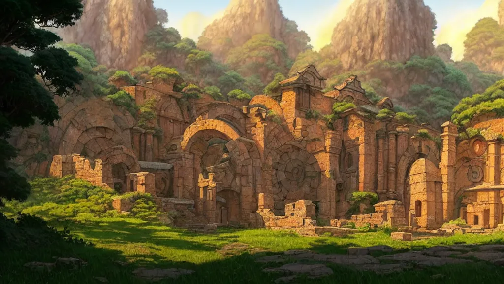 Image similar to ancient monastery ruins, studio ghibli, pixar and disney animation, sharp, rendered in unreal engine 5, highly detailed, digital painting, artstation, concept art, smooth, sharp focus, illustration, wide angle, artbook, wallpaper, splash art, promo art, dramatic lighting, art by artgerm and greg rutkowski and bo chen and jin xiaodi