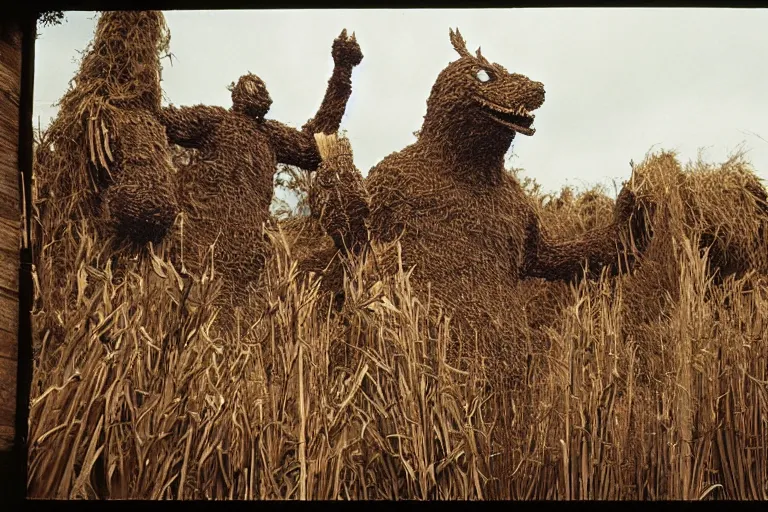 Image similar to at the festival of the Wicker Man in a small Scottish village, a giant towering Godzilla made of reeds burns, villagers watch, photojournalism, 1967, photorealism, very realistic, in the style of Midsommar, 50mm lens, Kodak 5219 film