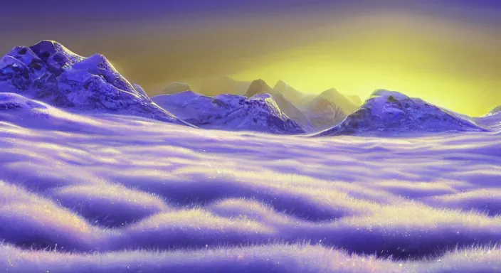 Image similar to A professional digital landscape painting of a vast wintery tundra with peaking mountains in the background, painted by Terese Nielsen, 4k, digital art, trending on cgsociety, highly detailed, upper body shot, shallow depth of field, purple and yellow lighting, professional lighting, airbrush,