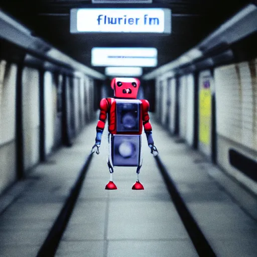 Image similar to fujifilm superia photo of uncanny valley tiny robot, in the empty london underground, dirty, grainy, liminal