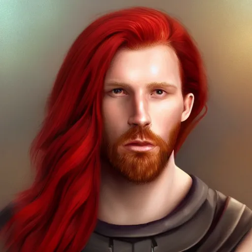 Image similar to portrait of a handsome male ship captain with long red hair!!!!!!, 30 years old, bashful, upper body, ethereal, muscular, friendly, playful, D&D, hairworks, Unreal 4, fantasy, elegant, highly detailed, digital painting, hairworks, deviantart, artstation, concept art, sharp focus, dramatic lighting, illustration, art by Artgerm and Greg Rutkowski and Alphonse Mucha