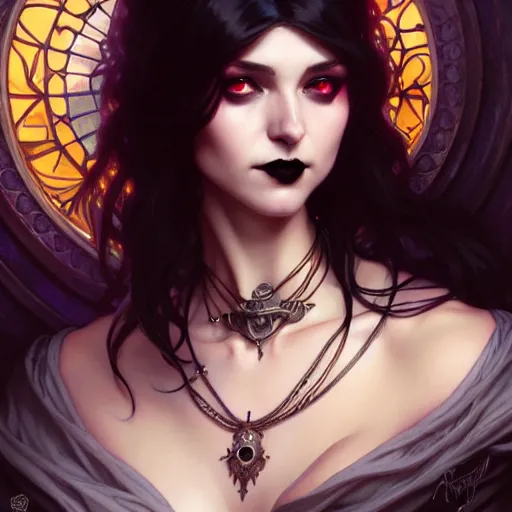 Image similar to goth gf, 8k, D&D, fantasy, intricate, elegant, highly detailed, digital painting, artstation, concept art, smooth, sharp focus, illustration, art by artgerm and greg rutkowski and alphonse mucha