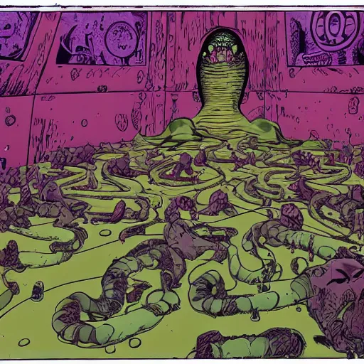 Prompt: a room full of people, a slime dripping around from the bottom right corner crawling a large mutant worm, stenciled by Martin Joann and Moebius