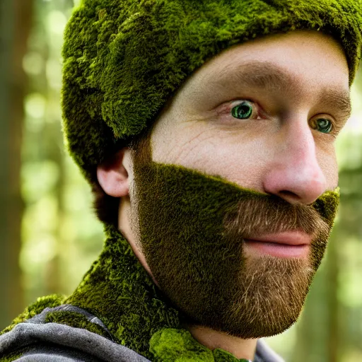 Prompt: portrait of a man with hat made of moss, 4k, 35 mm lens, high details, natural light, Forrest in background