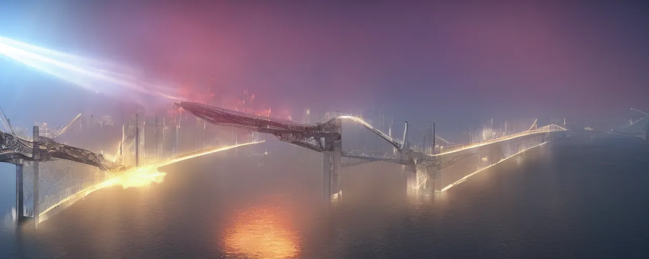 Prompt: the big bridge over the strait is on fire after a disaster, warm tones, super resolution, unreal engine 5, perspective 3 d octane render, 8 k, light rays, lens flare, epic, hyperdetailed