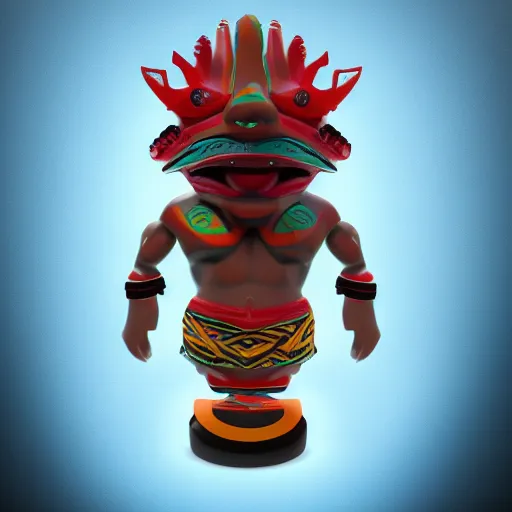 Image similar to closeup 3 d toy maori god as funco toy, plastic, sss, octane 4 k render, studio lighting, artstation, cyan photographic backdrop, 1 0 5 mm, f 2. 8 aperture