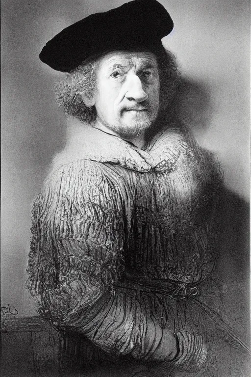 Prompt: realistic and very detailed beautiful photo portrait Rembrandt, by Robert Doisneau, Leica SL2 35mm black and white