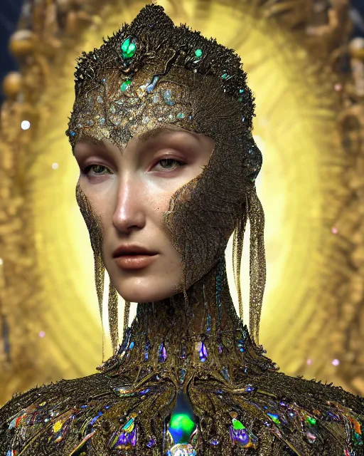 Image similar to a highly detailed metahuman 4 k close up render of an alien goddess bella hadid as goddess in iris van herpen dress schiaparelli in diamonds crystals swarovski and jewelry iridescent in style of alphonse mucha gustav klimt trending on artstation made in unreal engine 4