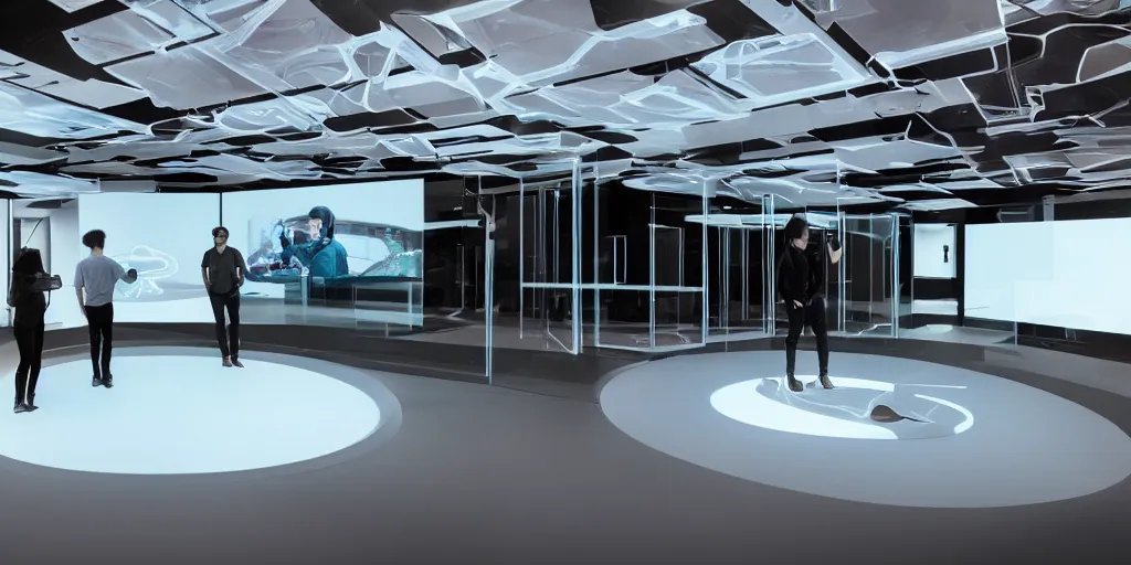 Image similar to stunning futuristic AI lab, projection screens, immersive graphics, holograms, dark room, people using HoloLens