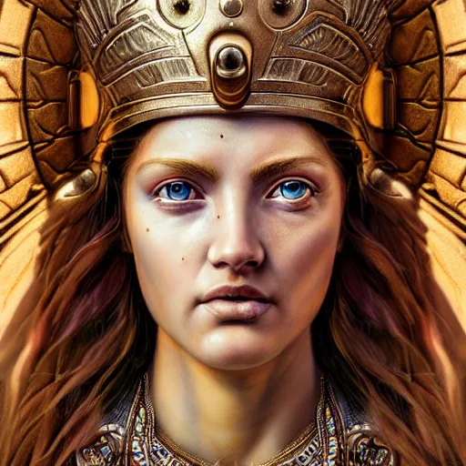 Image similar to hyperrealistic mixed media painting of beautiful goddess Athena, stunning 3d render inspired art by P. Craig Russell and Barry Windsor-Smith, perfect facial symmetry, dim volumetric lighting, 8k octane beautifully detailed render, post-processing, portrait, extremely hyper-detailed, intricate, epic composition, brown eyes, highly detailed eyes, realistic eyes, correct eyes, cinematic lighting, masterpiece, trending on artstation, very very detailed, masterpiece, stunning