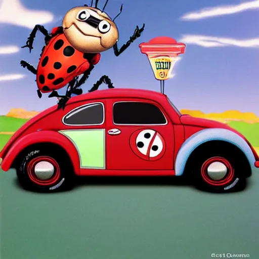 Image similar to a hybrid lady bug and'herbie the love bug'race car. it's a nice night at the drive - in diner. imax, 7 0 mm, movie still