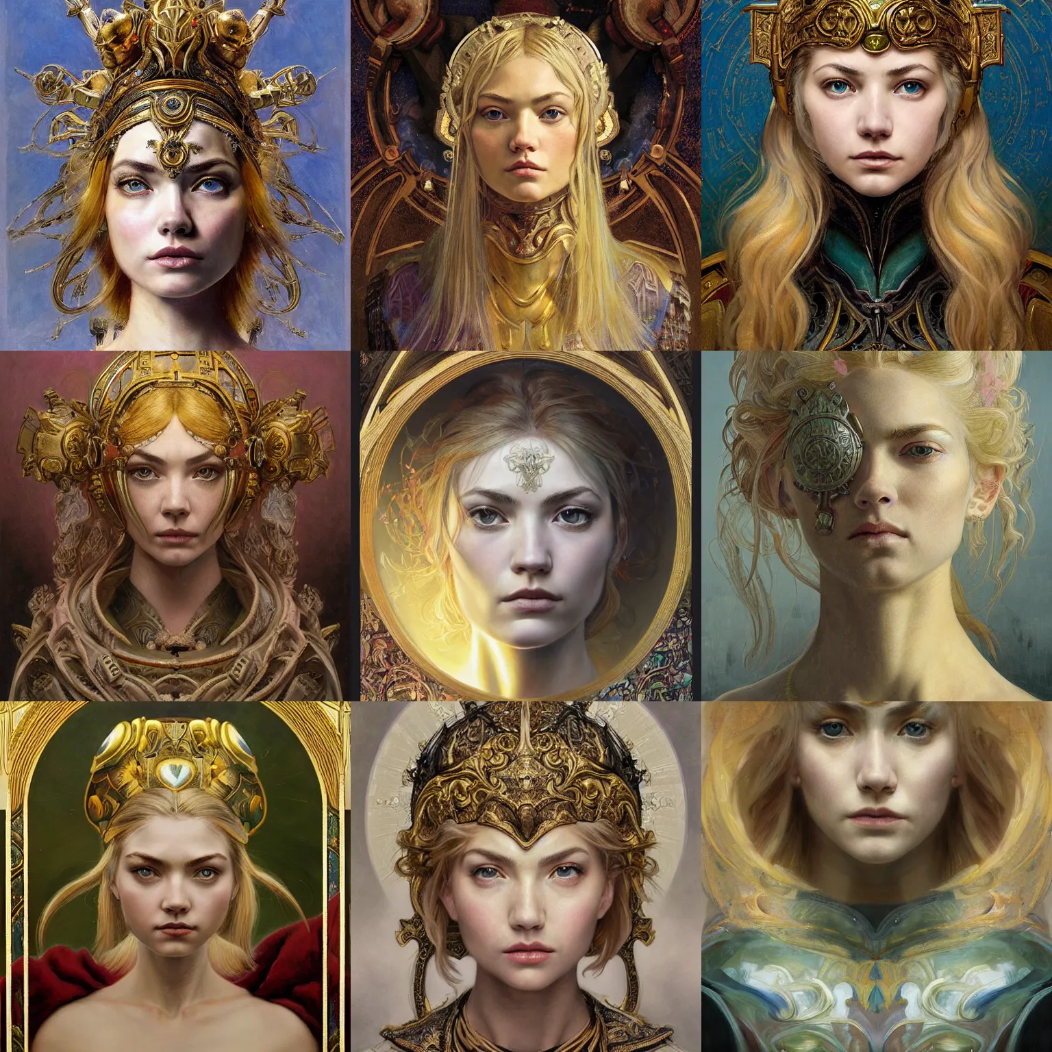 Prompt: masterpiece head-on symmetrical centered painted portrait, Imogen Poots and Elisha Cuthbert as a warrior paladin, blonde hair, golden halo, ornate iron armour, art nouveau, elegant, distant, in the style of Edgar Maxence and Ross Tran and Zdzisław Beksiński and Michael Whelan and Anna Podedworna and gustav dore and H.R. Giger, 8k, octane render