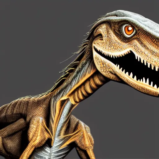 Prompt: a photo of an anthropomorpich velociraptor wearing a suit and talk with a phone, realistic, photorealism, detailed, 8k