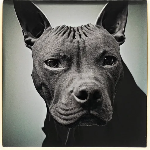 Image similar to polaroid photograph of a pitbull head on top of a lizard body, realism, photorealism,