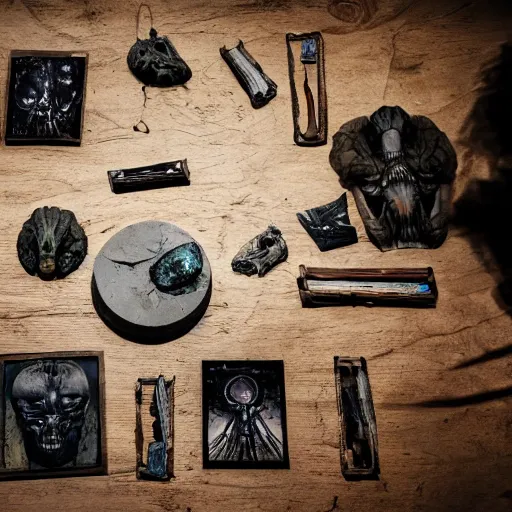 Prompt: alien artifacts laid out on a table, darkly lit, mysterious glow