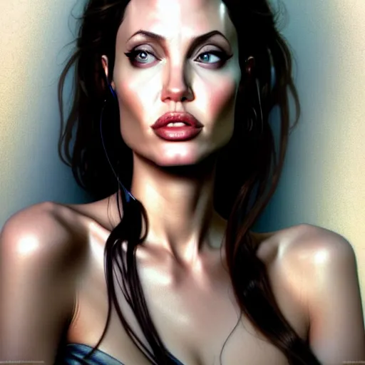 Image similar to beautiful digital painting of young angelina jolie background with high detail, 8 k, stunning detail, photo by artgerm, greg rutkowski and alphonse mucha, unreal engine 5, 4 k uhd