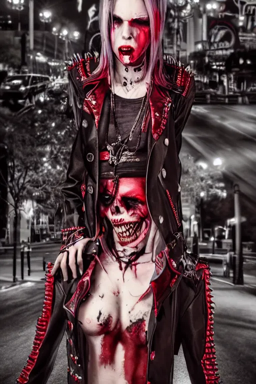 Image similar to full body portrait of a blood punk vampire on the las vegas strip at night, cinematic, hyper realism, high detail, octane render, 8k, cgsociety