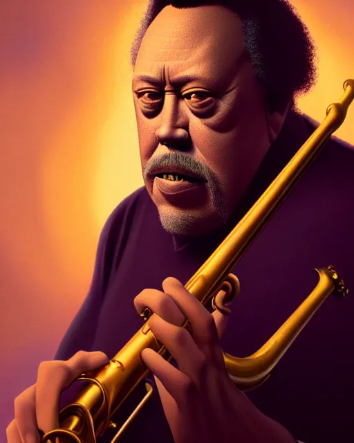 Image similar to disney pixar portrait 8 k photo of charles mingus on a smoky stage : : by weta, greg rutkowski, wlop, ilya kuvshinov, rossdraws, artgerm, annie leibovitz, rave, unreal engine, alphonse mucha : :