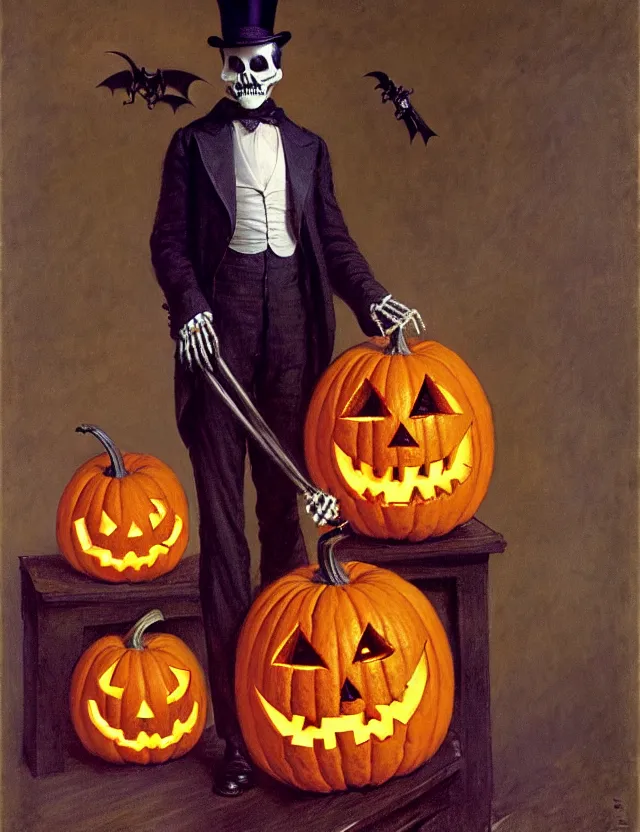 Prompt: a skeleton with a top hat, holding a jack - o - lantern, as a matte oil painting and d & d character art, by gustave caillebotte, standing, fullbody, flying bats, loose pages, concept art, award - winning, extremely detailed, sharp focus