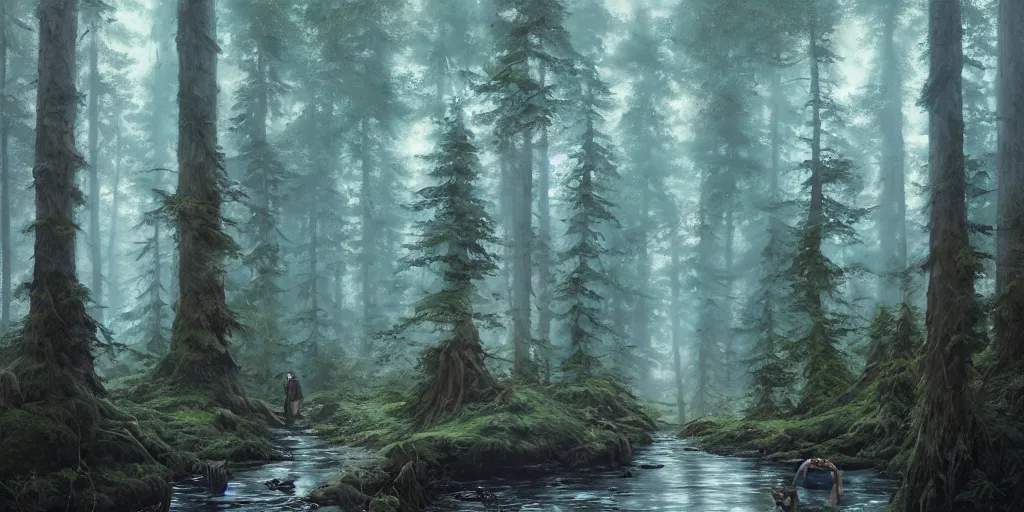 Prompt: a forest, matte oil painting, very detailed, hyperrealistic, cinematic, breathtaking, beautiful composition, detailed painterly digital art style by Tim Okamura, Studio Ghibli, Dan Mumford, James Jean, 8k octane beautifully detailed render, post-processing, extremely hyperdetailed, intricate, epic composition, grim yet sparkling atmosphere, cinematic lighting, trending on artstation, vibrant colors, Art Nouveau, masterpiece