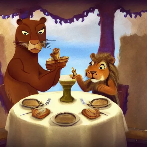 Prompt: a squirrel and a lion are having dinner in a fancy greek restaurant. sketch for a pixar film