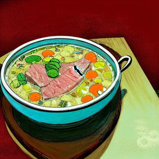 Image similar to a bowl of steak soup on a table lower corner view in the style of studio ghibli, manhwa, painterly, fancy