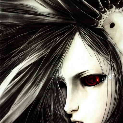 Image similar to Yoshitaka Amano realistic illustration of an anime girl with wavy white hair, black eyes and cracks on her face wearing Elden ring armour with the cape fluttering in the wind, abstract black and white patterns on the background, noisy film grain effect, highly detailed, Renaissance oil painting, weird portrait angle
