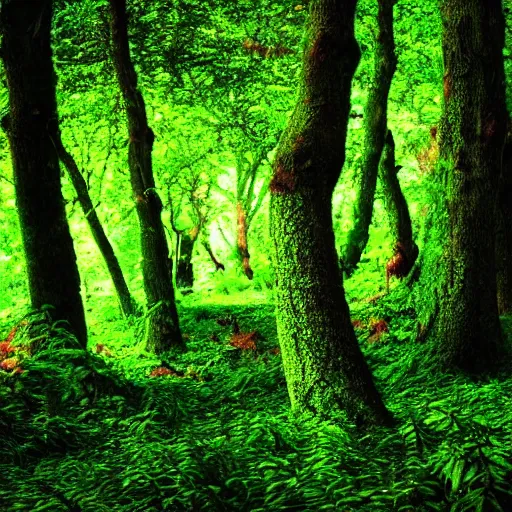 Prompt: a bright green forest full of colorful glowing mushrooms