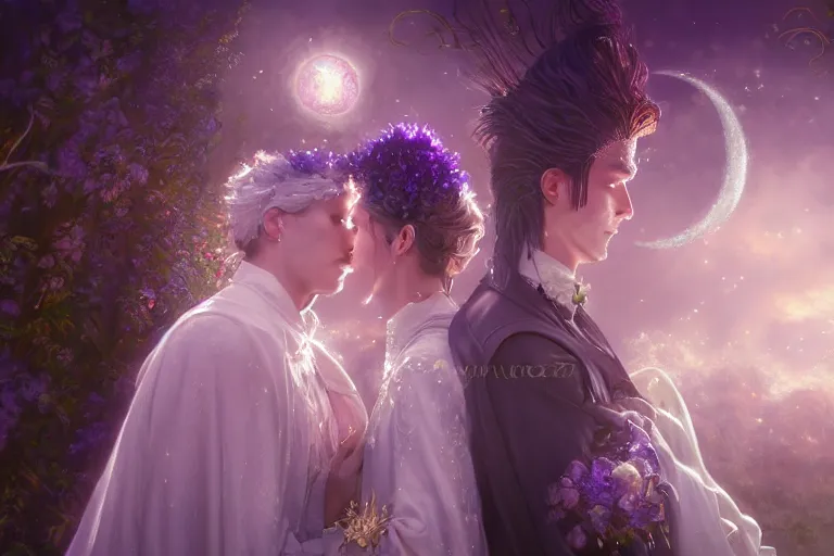 Image similar to a dreamlike cinematic portrait of wedding photograph close up moment of a divine a russia sun god and moon goddess lovers magician at a wedding banquet. portraiture. digital painting. artstation. concept art. fantasy wedding photo. digital painting, 8 k realistic, hyper detailed, violet evergarden art masterpiece by art by krenz cushart