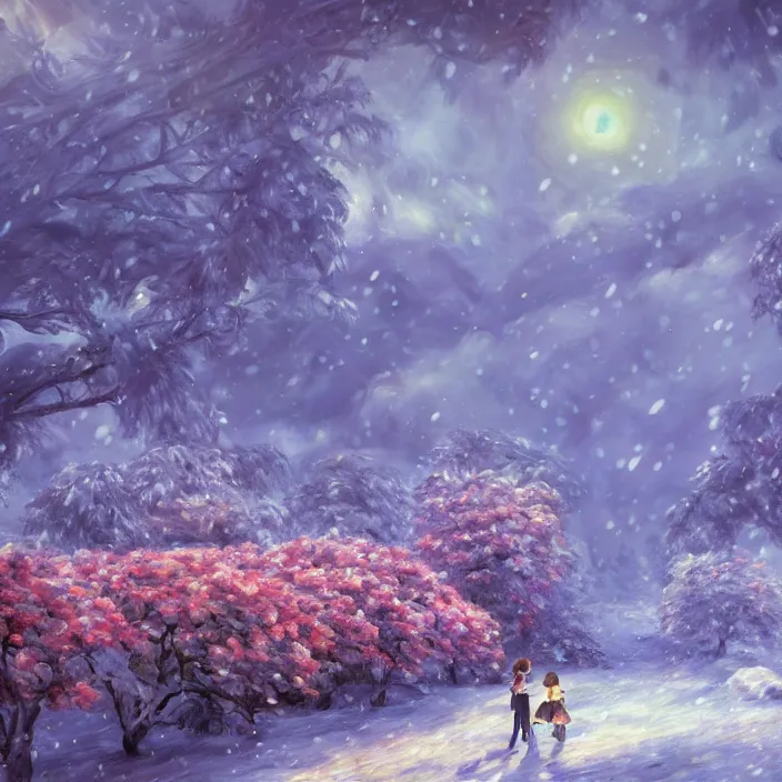 Image similar to an epic makoto shinkai and renoir landscape with a snowy fantasy landscape, candycanes, candy land, golden hour, 🌺, ultra smooth, lois van baarle, ilya kuvshinov, unreal engine, blender, trending on artstation, suntur, caleb worcester, highly detailed, photorealism, bloom effect 8 k