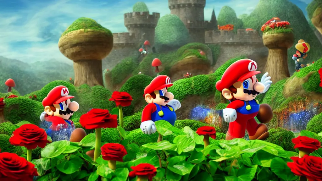 Image similar to mario stomping a goomba in the mushroom kingdom near the castle, exotic flora, giant roses, thousands of flowers, fantasy artwork, very very very beautiful scenery, hd, hdr, ue 5, ue 6, unreal engine 5, cinematic 4 k wallpaper, 8 k, ultra detailed, high resolution, artstation, award winning