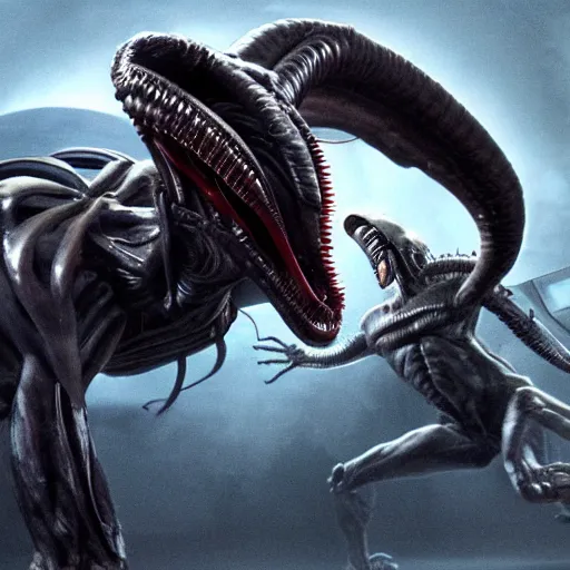 Prompt: portrait of a xenomorph roaring at a predator which has a weapon drawn. movie poster. photo 8 k.