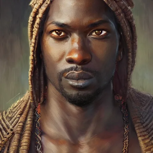 Image similar to the african merchant as a realistic fantasy d & d character, closeup portrait art by donato giancola and greg rutkowski, realistic face, digital art, trending on artstation